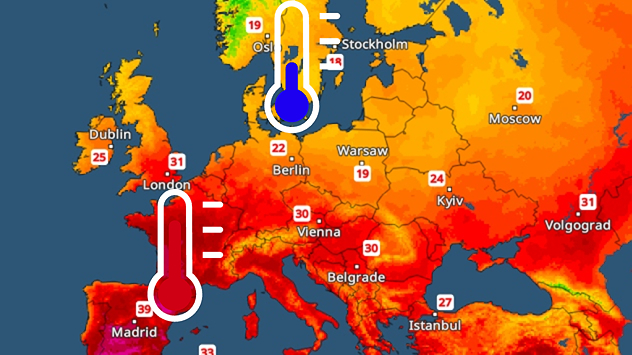 A temperature map of Europe showing a major heatwave in the south-west and significantly cooler air in the north. Two thermometer symbols illustrate the stark contrast in temperature.