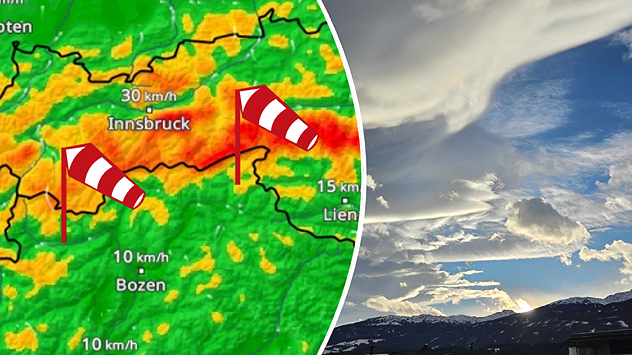 Wetterkarte des Alpenraums mit farblicher Darstellung der Windstärke. Grüne Bereiche zeigen schwachen Wind, gelbe bis rote Zonen mäßigen bis sehr starken Wind. Entlang des Alpenhauptkamms von der Ostschweiz über Tirol bis Osttirol treten starke bis stürmische Winde auf.
