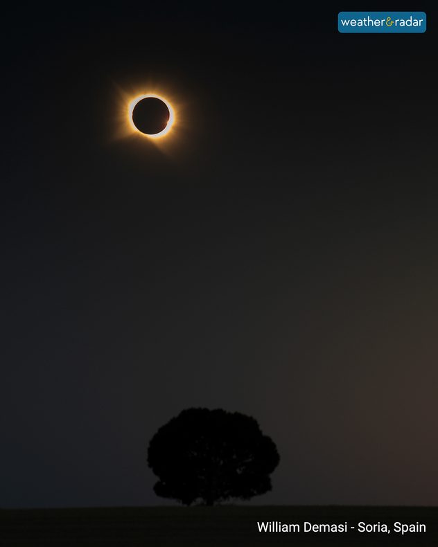Total solar eclipse above a lone silhouetted tree in Soria, Spain, with the dark Moon surrounded by the Sun’s glowing golden corona.