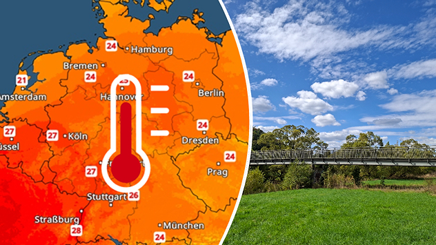 Wetterkarte zeigt Spätsommerwetter in Deutschland neben einem Bild mit saftigem Grün und einem blauen Himmel.