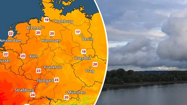 Temperaturkarte mit bis zu 24 Grad im Westen und 17 bis 20 Grad im Osten, daneben dunkle Wolken über einem Fluss.