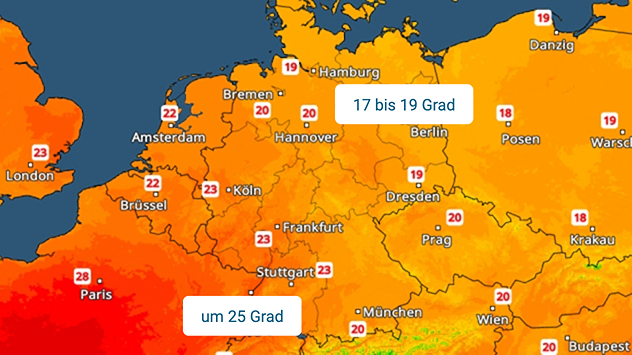 TemperaturRadar mit rund 25 Grad im Südwesten und 17 bis 19 Grad im Osten Deutschlands.
