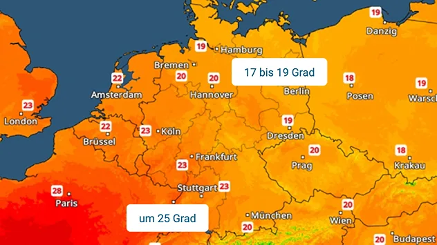TemperaturRadar mit rund 25 Grad im Südwesten und 17 bis 19 Grad im Osten Deutschlands.