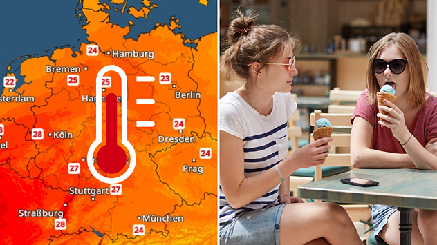 emperaturkarte mit warmen Werten in Deutschland neben zwei jungen Frauen, die draußen ein Eis essen.