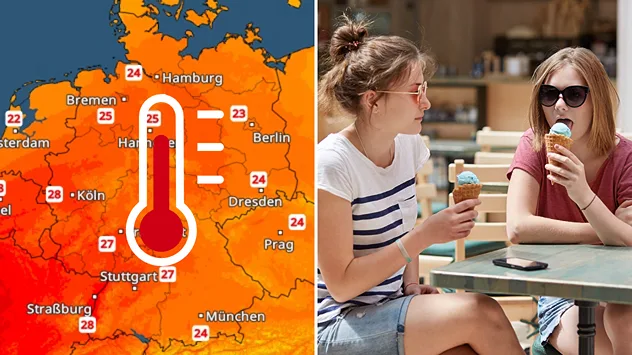 emperaturkarte mit warmen Werten in Deutschland neben zwei jungen Frauen, die draußen ein Eis essen.