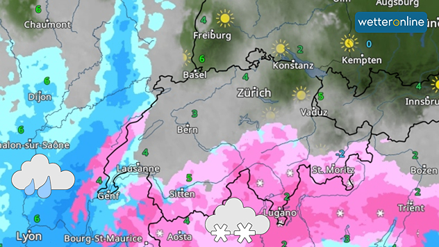 Eine Wetterkarte für die Schweiz zeigt im Westen und Süden etwas Schnee oder Regen. In der Deutschschweiz ist es trocken, aber bewölkt. 