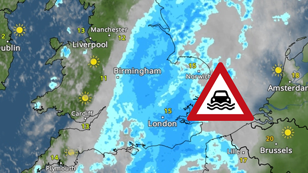 Weather map showing heavy rain from London through eastern England toward Norwich, with a flood warning symbol over East Anglia.