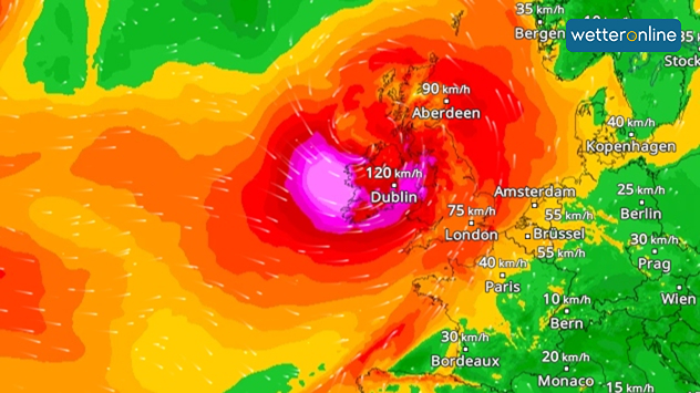 Orkanböen drohen am Freitag an den Küsten Irland und Englands, wie unser WIndRadar für Freitagmittag zeigt.