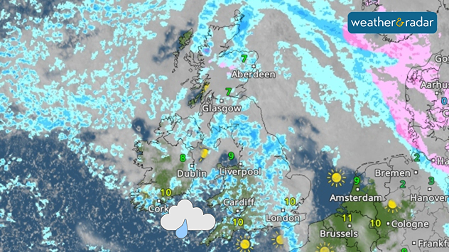 Weather radar map showing scattered light rain across the UK in blue, with breaks in cloud, city temperature labels, and sunshine icons over parts of southern England and western Europe.