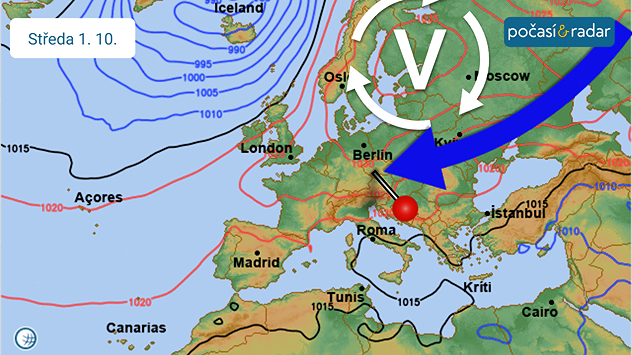Předpověď synoptické situace nad Evropou, středa 1. 10.  Do Česka v těchto dnech proudí studený vzduch kolem rozsáhlé tlakové výše se středem nad severovýchodní Evropou.