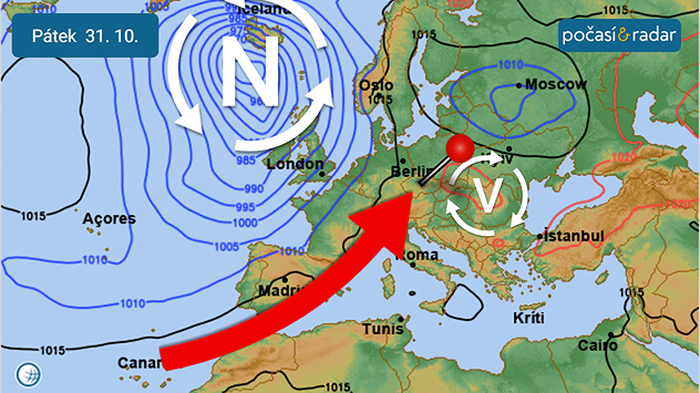 Předpověď synoptické situace nad Evropou, pátek 31. 10. Do Česka proudí teplý vzduch od jihozápadu v prostoru mezi tlakovou níží nad severozápadem Evropy a oblastí vyššího tlaku vzduchu nad středem a jihovýchodem Evropy.