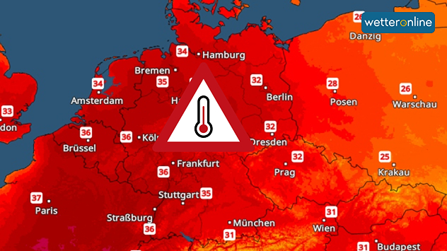 TemperaturRadar mit den Höchstwerten am Freitag. In Deutschland werden verbreitet 31 bis 36 Grad erreicht.