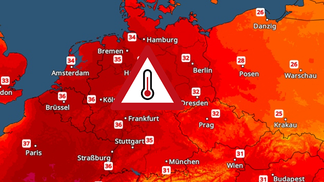 TemperaturRadar mit den Höchstwerten am Freitag. In Deutschland werden verbreitet 31 bis 36 Grad erreicht.