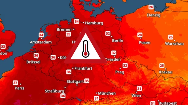 TemperaturRadar mit den Höchstwerten am Freitag. In Deutschland werden verbreitet 31 bis 36 Grad erreicht.