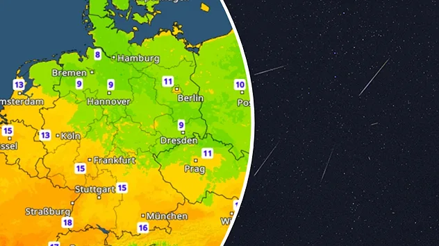 Karte mit Tiefstwerten in Deutschland und einer Sternschnuppe am Nachthimmel.