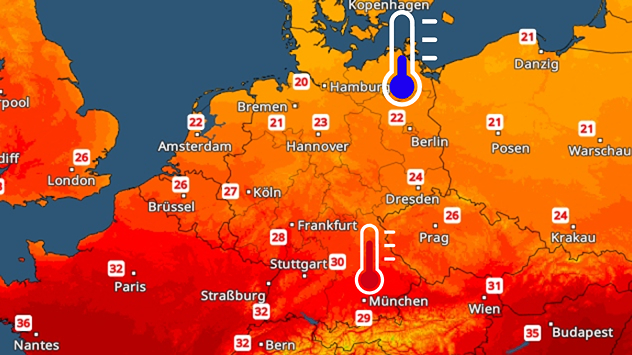 Temperaturvorhersage für heute in Deutschland und Umgebung. Im Norden um 20 bis 23 Grad, im Süden bis 32 Grad.