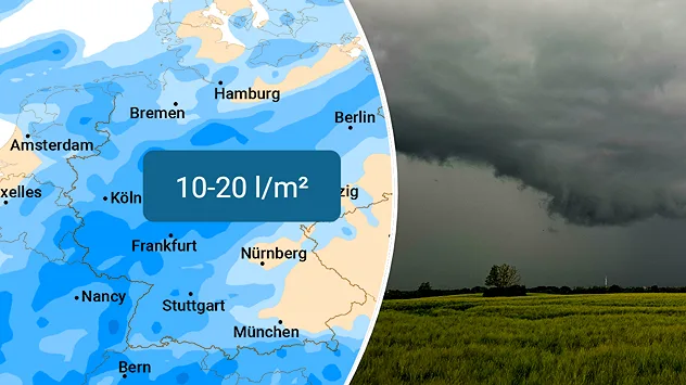 Regenkarte neben dunklen Wolken über einem Feld. Am Wochenende fallen vielerorts 10 bis 20 Liter Regen pro Quadratmeter.