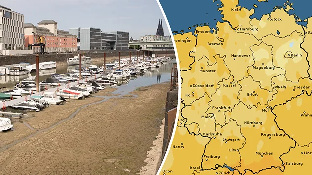 Geteiltes Bild mit trockenem Hafenbecken und Booten links sowie einer Wetterkarte von Deutschland rechts.