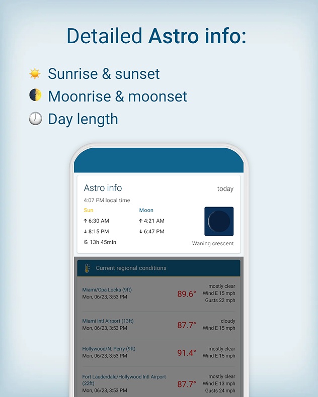 Detailed astro info in the app including sunrise and sunset, moonrise and moonset as well as the day length.