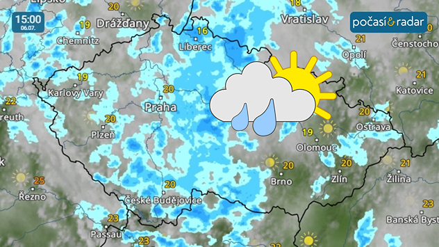 Meteoradar, screenshot, 6. 7. 15:00: Nejbližší dny přinesou do Česka oblačnější počasí s přeháňkami a občasným deštěm. Bude spíše chladněji a často i větrno.