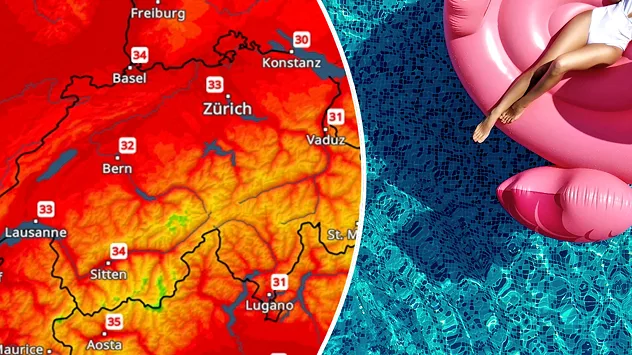 Splitbild. Links eine Temperaturkarte von der Schweiz - rechts ein Pool mit rosa Schwimmreifen.