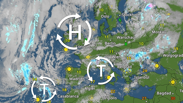 Die aktuelle Großwetterlage über Europa: Hoch im Norden und Tiefs im Süden.