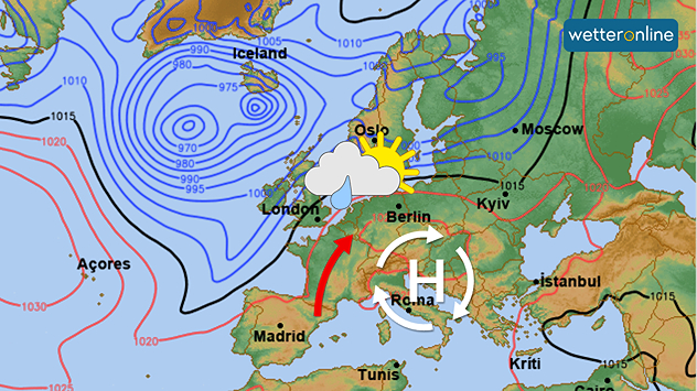 Die Wetterkarte zeigt ein Hoch über dem südöstlichen Mitteleuropa.
