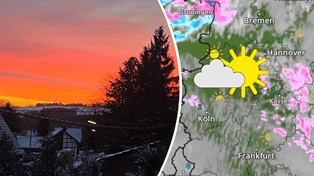 Sonnenaufgang in Hellenthal in der Eifel und WetterRadar-Bild von Donnerstag