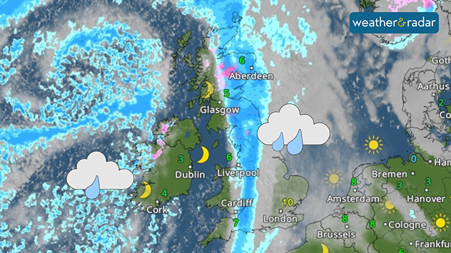 Weather map of the UK showing bands of rain moving east across Scotland and northern England, scattered showers over Ireland, and sunny conditions over southern England and mainland Europe.