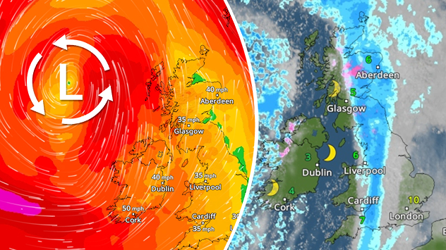 Split UK weather graphic with intense low-pressure wind field in red and orange on the left and rain bands with cloud cover on the right moving east across the country.