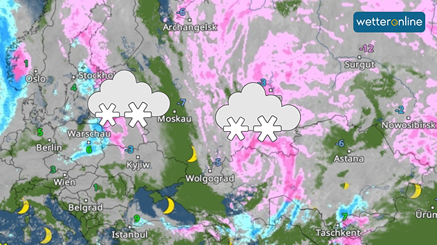 Wetterkarte mit großflächigem Schneefall und Frost über Osteuropa. Schneesymbole markieren intensive Niederschläge.