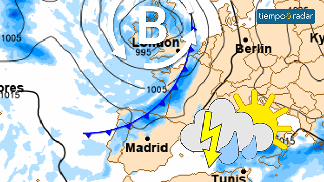 Mapa de presión en superficie y precipitación, donde se muestra la llegada de un frente a España.