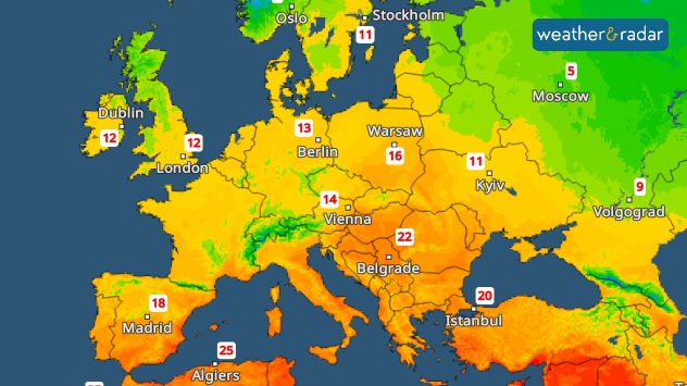 Map of Europe showing temperatures ranging from 9 to 25 degrees, warm in the south, cool in the north.