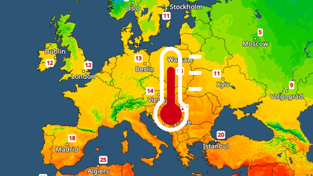 Map of Europe showing temperatures ranging from 9 to 25 degrees, warm in the south, cool in the north.