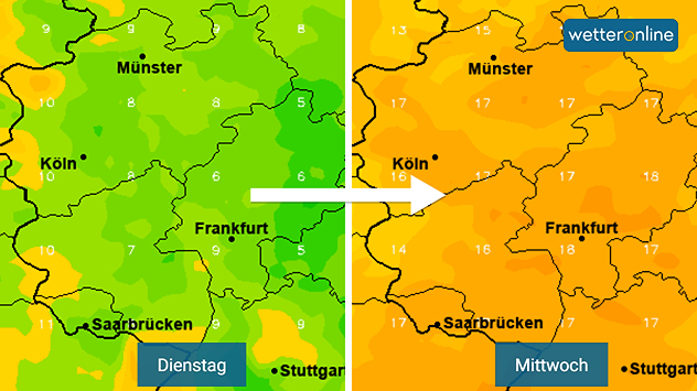 Karte mit Taupunkten: Dienstag niedrig, Mittwoch deutlich höher.