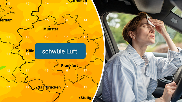 Wetterkarte mit hohen Taupunkten und Frau im Auto, die unter schwüler Luft leidet.