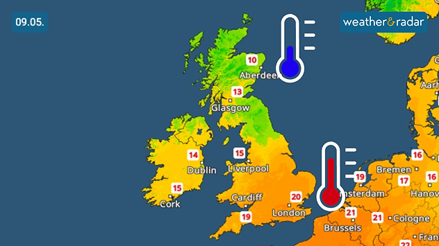 Weather temperature map of the UK and western Europe showing cooler blue conditions over northern Britain and warmer red-orange temperatures near Belgium and the Netherlands on 09.05.