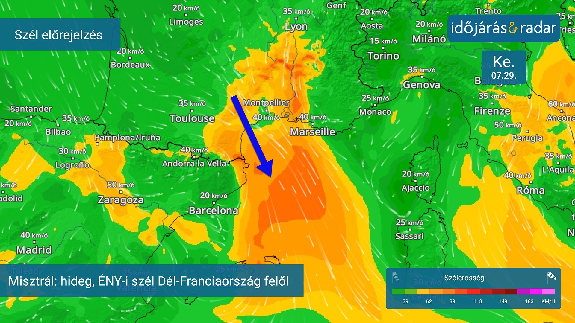 Széltérkép: dél-franciaország