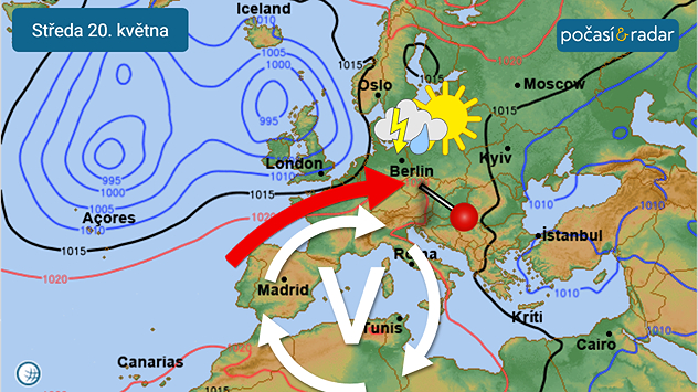 Předpověď synoptické situace nad Evropou na středu 20. května: Počasí v Česku bude v nadcházejících dnech ovlivňovat nevýrazný výběžek vyššího tlaku vzduchu od jihozápadu.