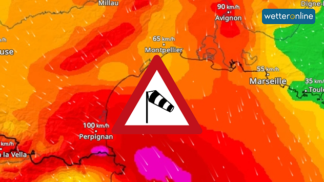 Der WindRadar zeigt für diesen Samstag sehr starke Böen durch den Mistral und den Cers an.