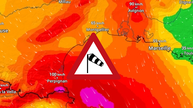 Der WindRadar zeigt sehr starke Böen durch den Mistral und den Cers an.