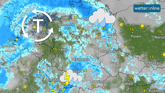 Wetterkarte mit Regen, Gewittern und Tiefdruckgebiet über Mitteleuropa.