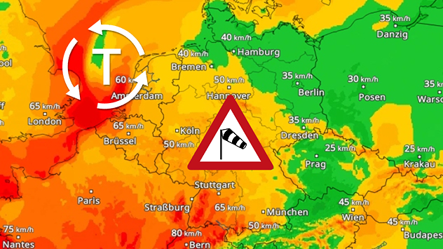 Wetterkarte mit Sturmtief über Mitteleuropa und Warnsymbol für starke Winde.