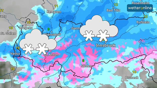 WetterRadar zeigt Schnee in den Alpen an