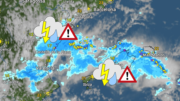 The weather map shows severe thunderstorms with severe weather warnings on the east coast of Spain and over the Balearic Islands. Heavy rainfall is occurring particularly around Valencia and Mallorca.