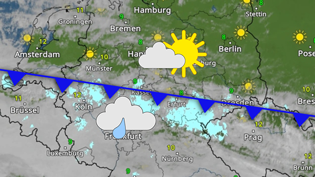 WetterRadar mit Kaltfront und Wettersymbolen