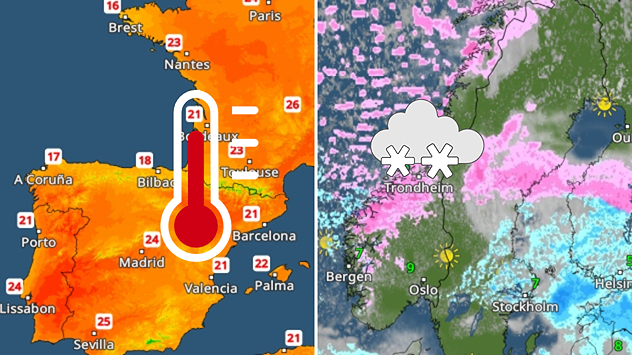 Kaart van Europa met een temperatuurradar in het westen en een weerradar in het noorden. Milde tot warme temperaturen boven het Iberisch schiereiland. Sneeuw en kou in Scandinavië zijn duidelijk te zien.