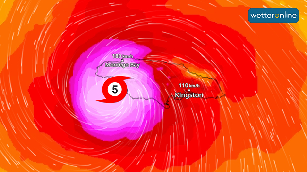 Eine Wetterkarte zeigt den Hurrikan Melissa über Jamaika. Der Wirbelsturm der Kategorie 5 bewegt sich mit starken Windfeldern über Montego Bay und Kingston. Farben zeigen Windstärken.