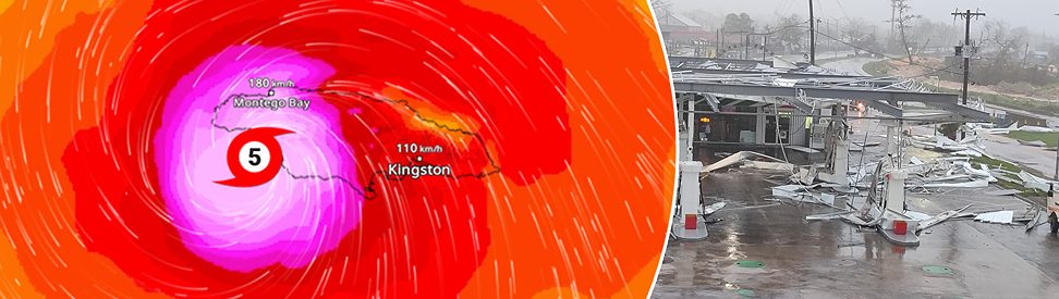 Eine Wetterkarte zeigt den Hurrikan Melissa über Jamaika. Der Wirbelsturm der Kategorie 5 bewegt sich mit starken Windfeldern über Montego Bay und Kingston. Farben zeigen Windstärken. (c) dpa
