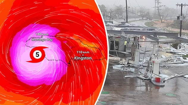 Eine Wetterkarte zeigt den Hurrikan Melissa über Jamaika. Der Wirbelsturm der Kategorie 5 bewegt sich mit starken Windfeldern über Montego Bay und Kingston. Farben zeigen Windstärken. (c) dpa